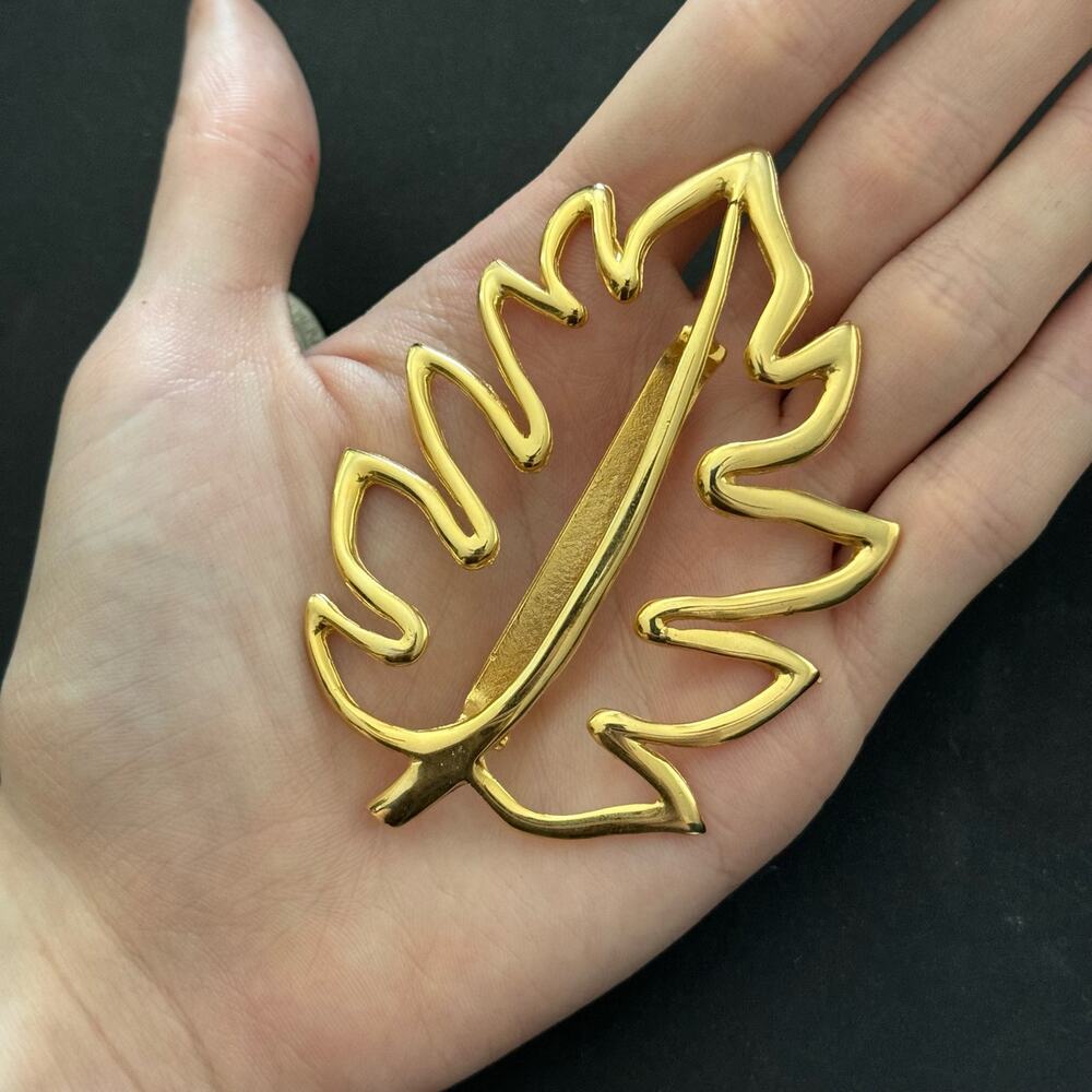 Vintage Ultra Craft Gold Leaf Brooch Minimalist Nature Modernist Statement
